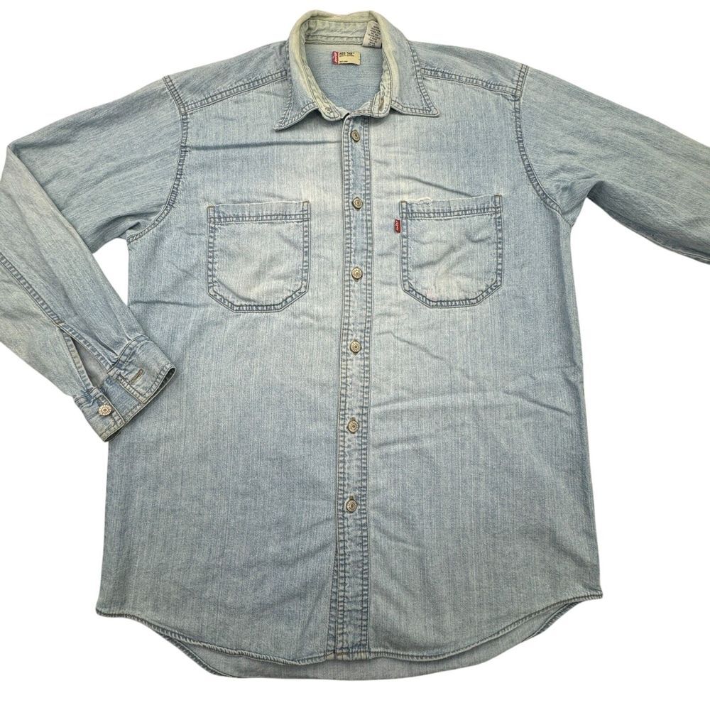 Levi's Shirt Mens Small Blue Denim Rivet Button Long Sleeve Y2K Vintage FLAWS - Picture 1 of 10